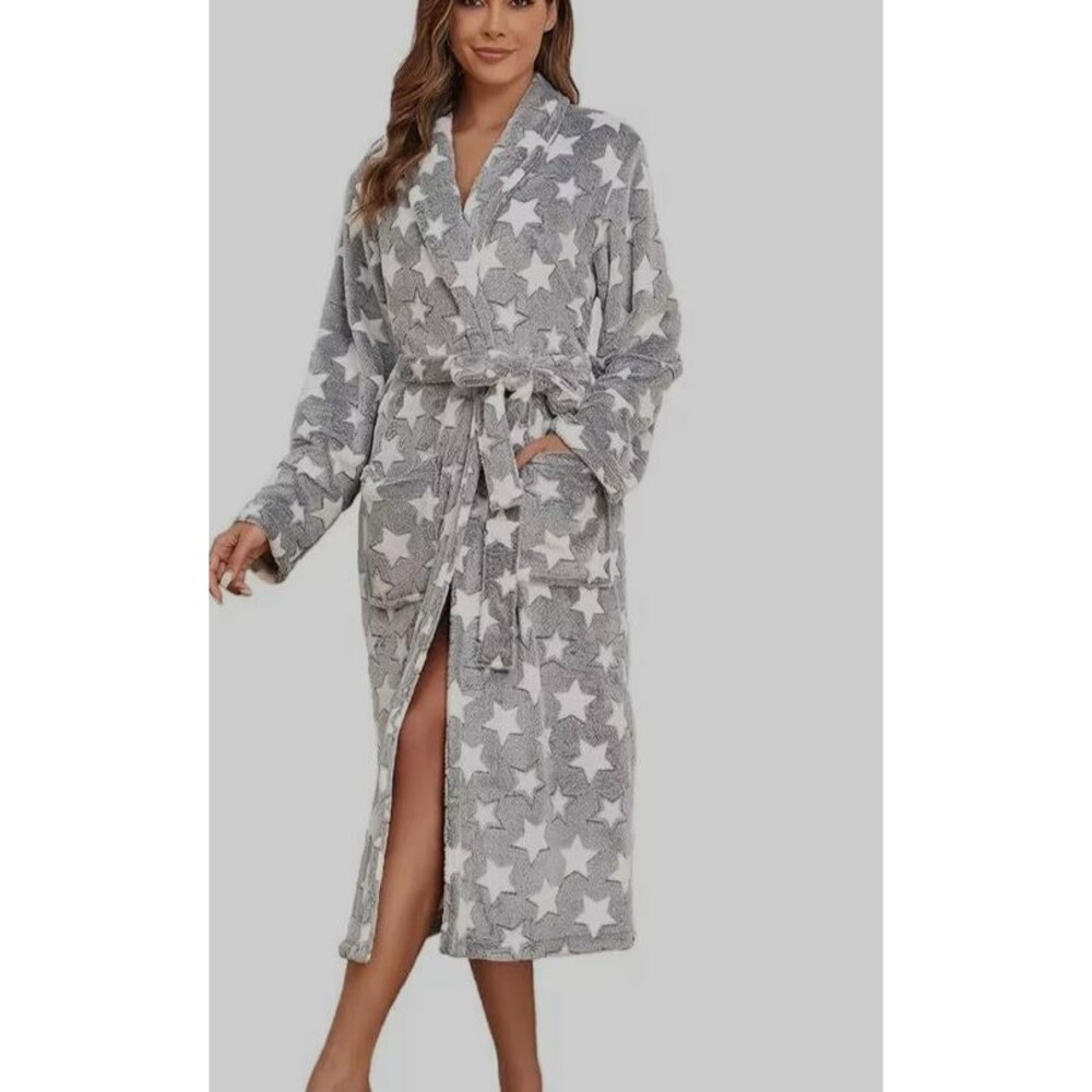 Women S Gray Print Soft Warm Fleece Long Wrap Robe Cozy Comfy Plush Bathrobe Spa
